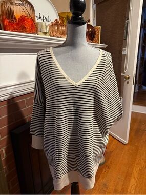 Lane Bryant Black and Cream Striped V-Neck Sweater